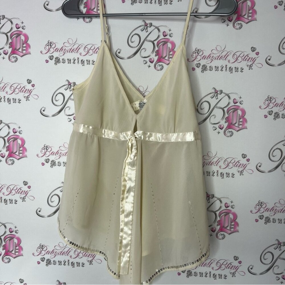 Dazzle dazzle sheer cami tank ribbon top Elegant Cream Satin Trim Tank Top